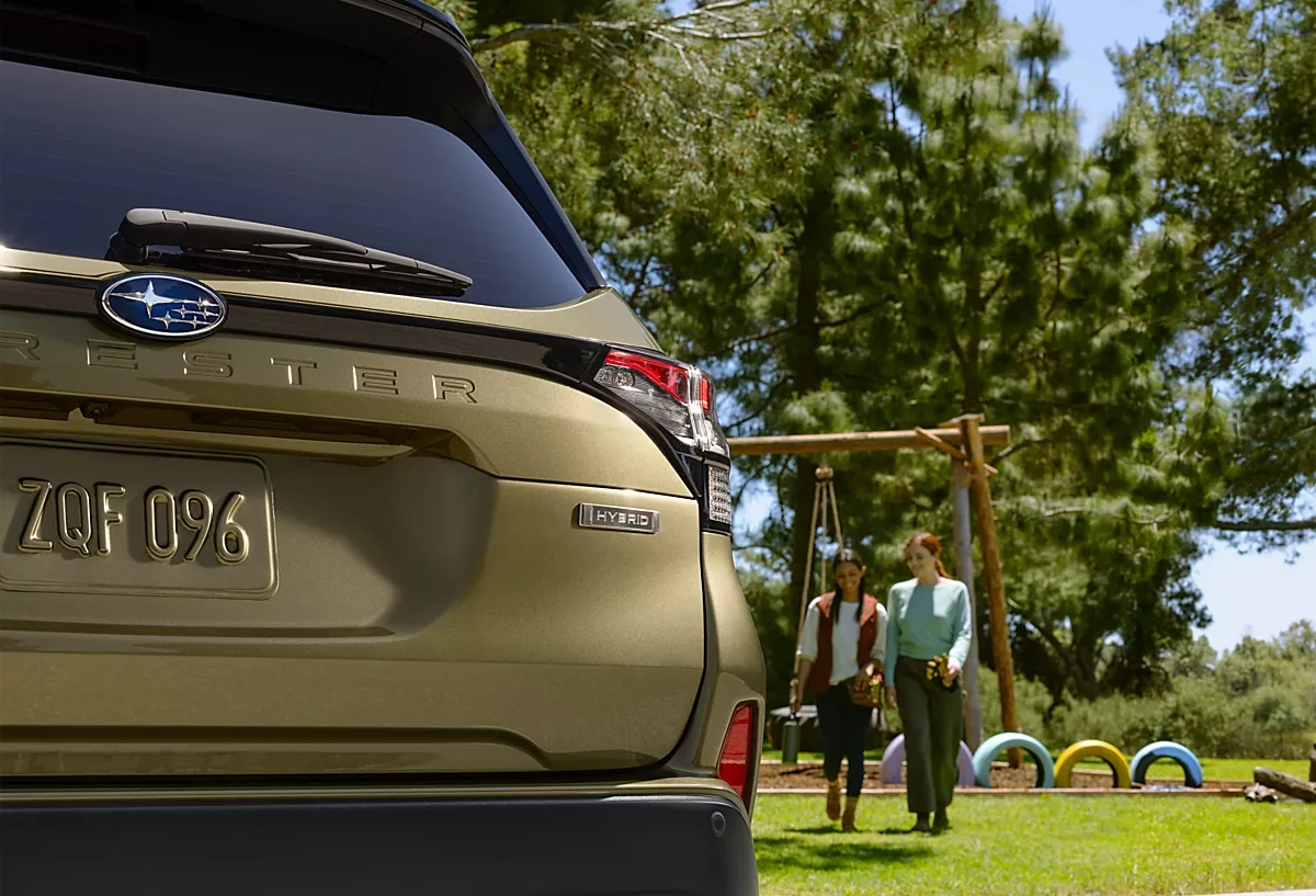 Back end of a Subaru Forester Hybrid at a park