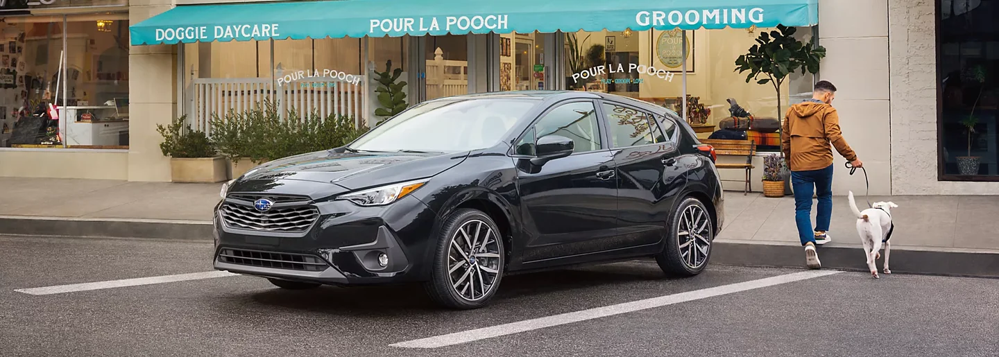 Subaru Parked With Man and Dog Walking Out